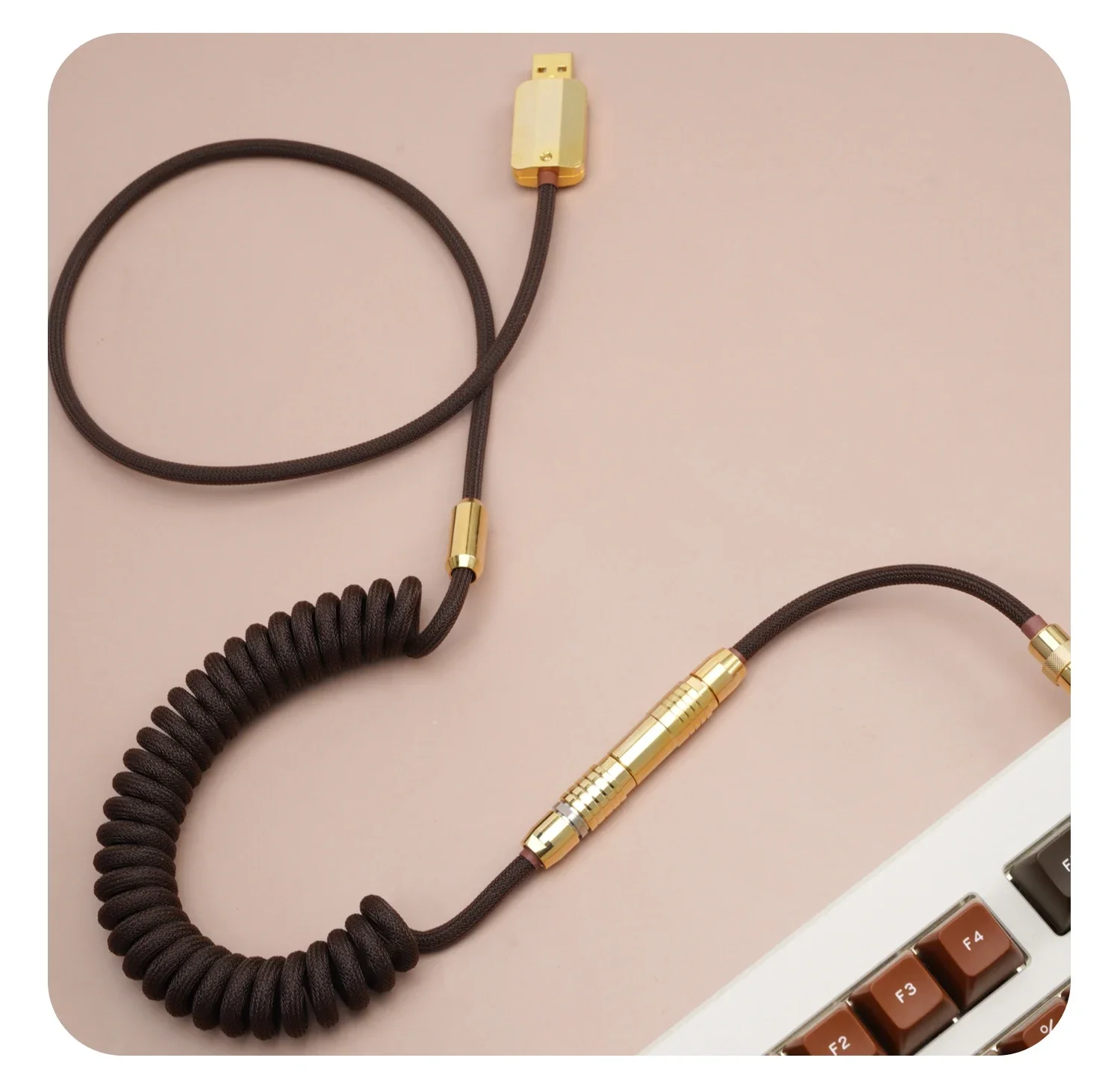 GeekCable Cable de datos de teclado mecánico personalizado a mano tema GMK SP Keycap Cable trenzado marrón dorado Hardware