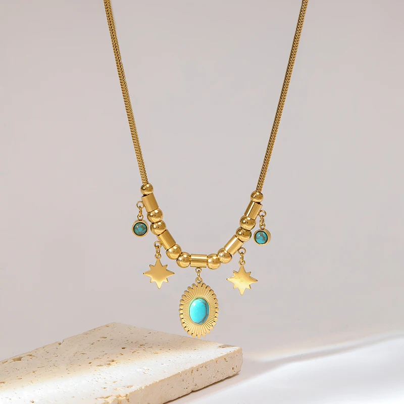 GANEMLY 316L Stainless Steel Vintage Oval Artificial Turquoise Pendant Necklace For Women Fashion Neck Chain Waterproof Jewelry