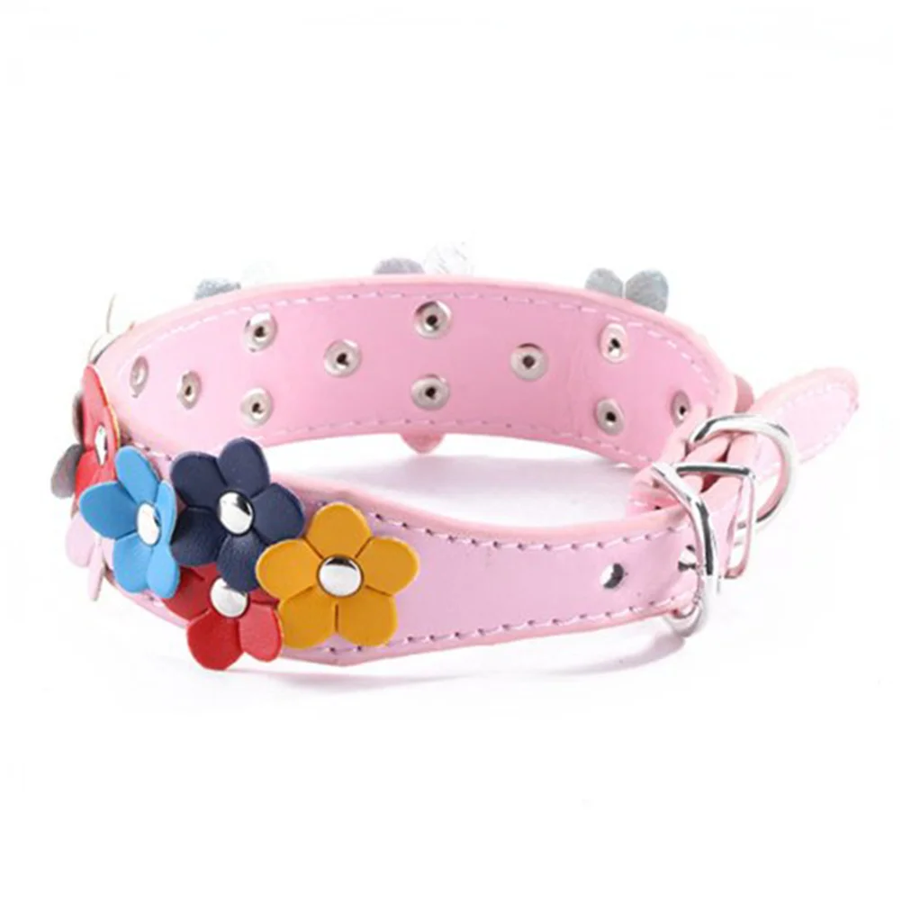 

Adjustable Pet Collar Pink Flower Decorated PU Dog Cat Collar Size S 25x37cm with D-Ring for Leash Pendant Use