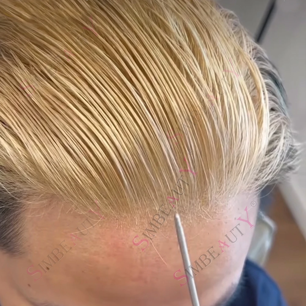 

Super Natural Hairline Undetectable 80%Density Vloop Men Toupee 0.02mm Ultra Thin Skin Light Blonde 613# 60R# Human Hair Prosthe