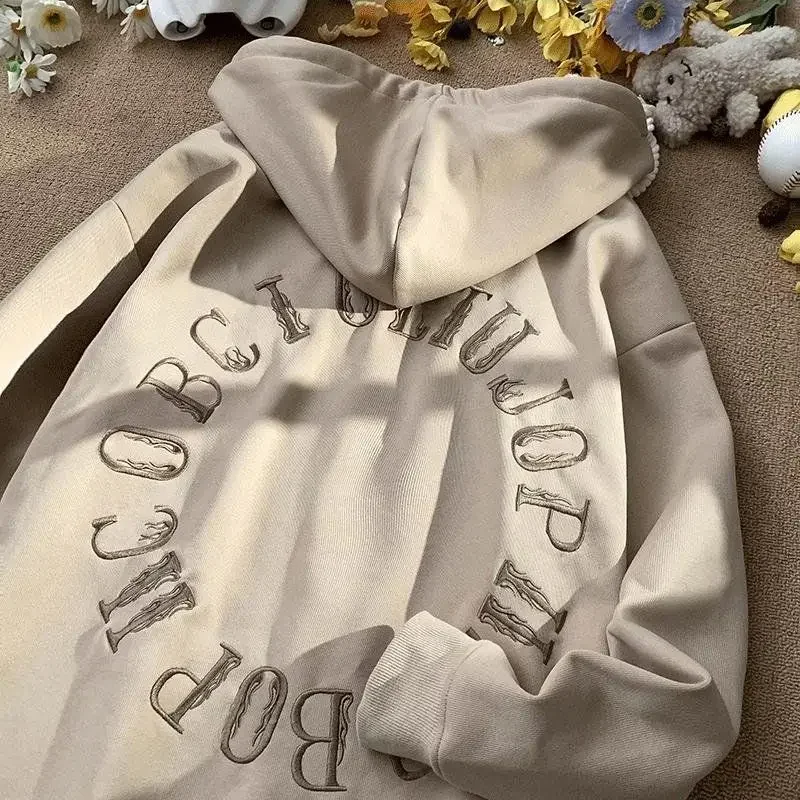 American Vintage Letter Hooded Cardigan Sweater Men and Women Oversize Loose Couple Autumn and Winter Versatile Zipper Coat Top