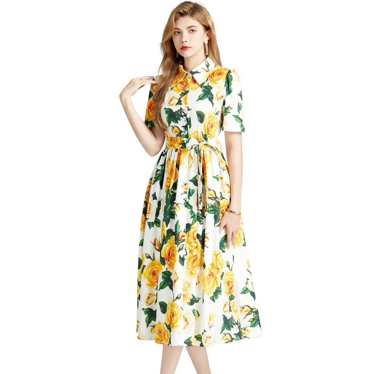 Summer Runway Shirt Dress Women\'s Lapel Yellow Rose Printed Single Breasted Lace Up Belt Short Sleeve Midi Long Vestidos 6838