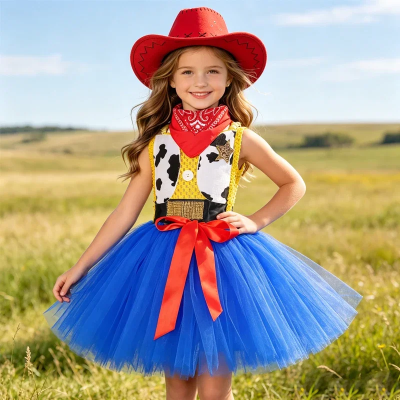 Mädchen Western-Ranch-Stil Trägerkleid mit Tüllrock-Set, Kuh-Print-Kleid, Kinder-Halloween-Kostüm Geburtstagskleid – Detail 2