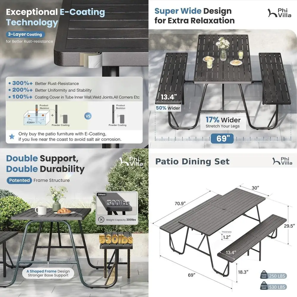 

Outdoor Metal Table Bench Set or 4, 70" Long Dining Set with Umbrella Hole & Wood Grain , 530" acity Strong urniture or Patio, D