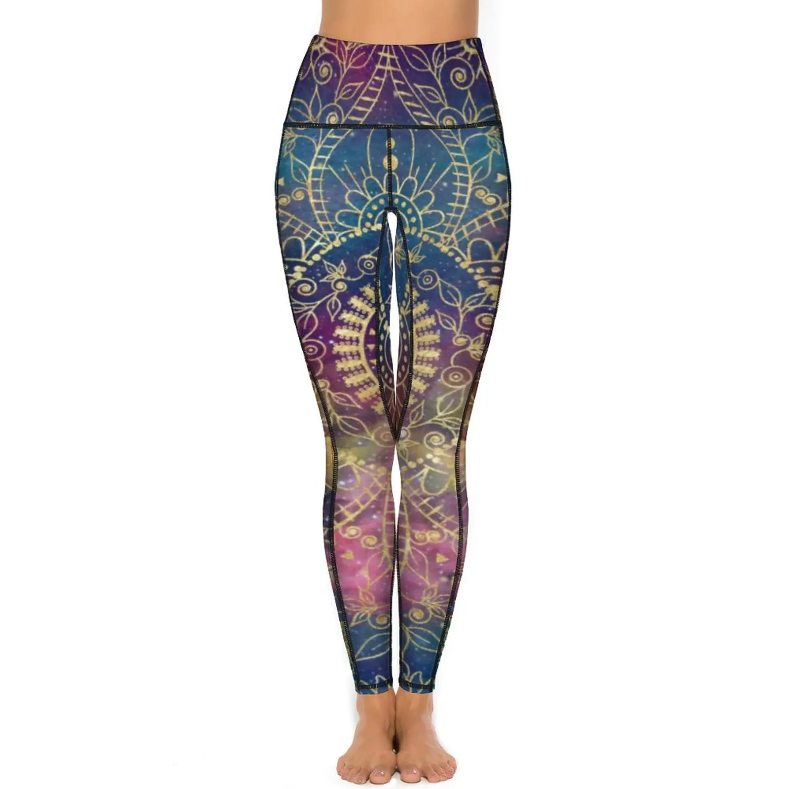 Gold Mandala Print Leggings Vintage Floral Gym Yoga Pants Lady High Waist Casual Leggins Sexy Stretchy Custom Sports Tights 2XL