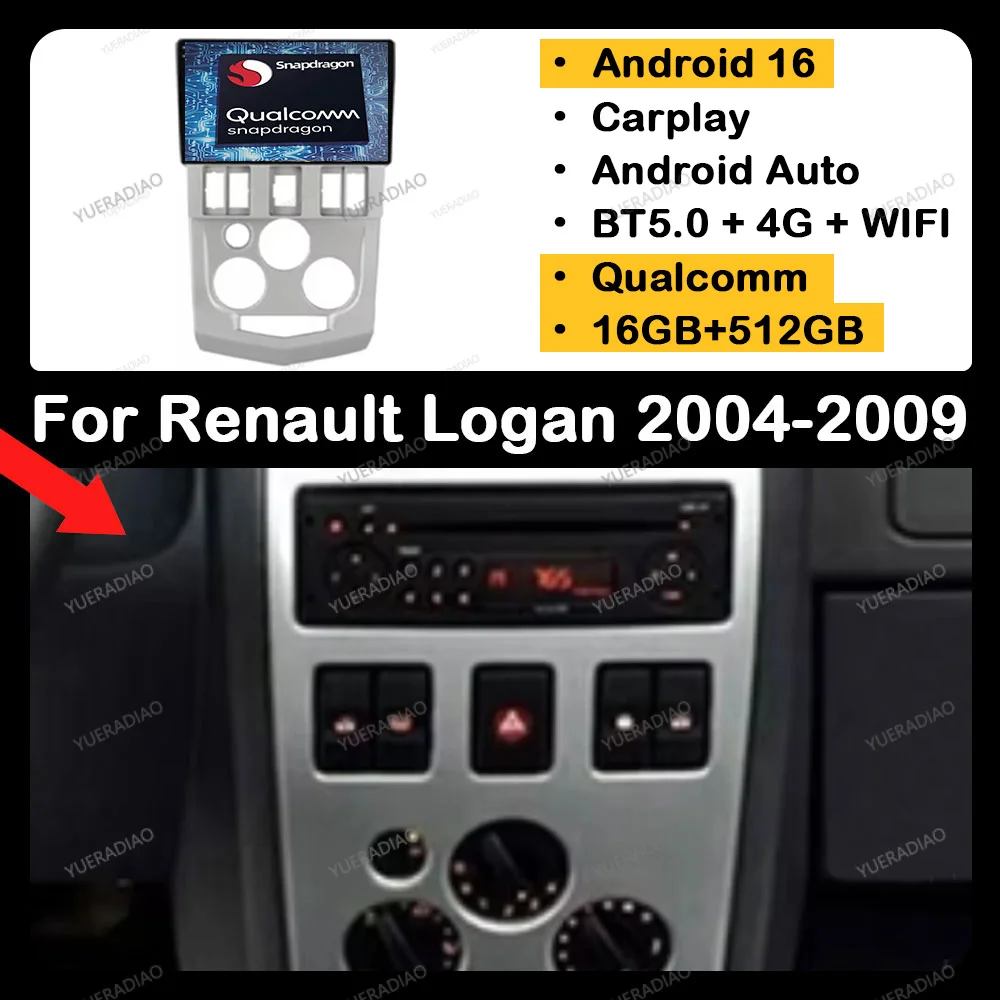 Rádio Automotivo Android 16 para Renault Logan 1 L90 2004 - 2009 GPS NAVI 4G WIFI BT Multimídia Reprodutor de Vídeo Unidade Central 2DIN QLED LTE 5G