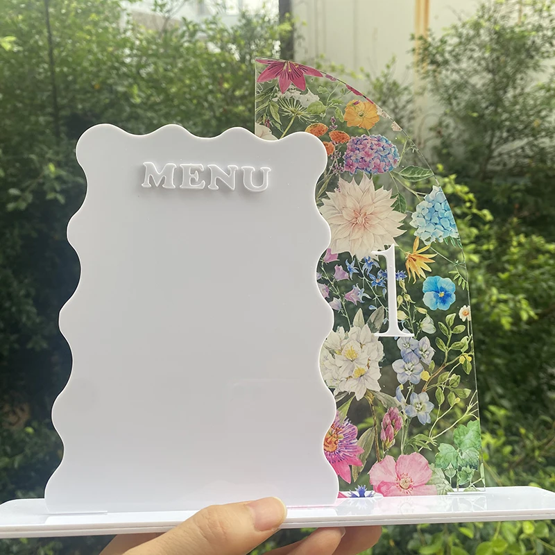 مخصص مزدوج نصف مقوس زهرة بيضاء مرآة قائمة الزفاف ورقم الجدول مجتمعة علامة الجدول محور الزفاف الديكور #5