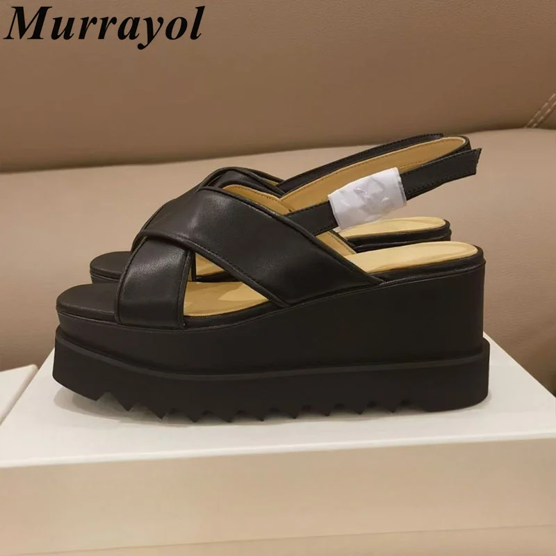 Platform Sandalias Mujer Women Genuine Leather Cross Band Wedges Heel Thick Sole Back Strap Sandals Summer Party Dress Shoes