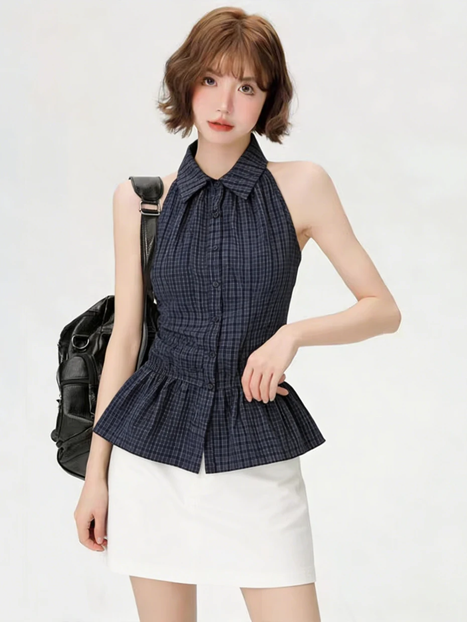 

Summer Unique Beautiful Plaid Waist-Cinching Neck Hanging Shirt Women's Slim Fit Shoulder Bared Sleeveless Vest Top Korean St...