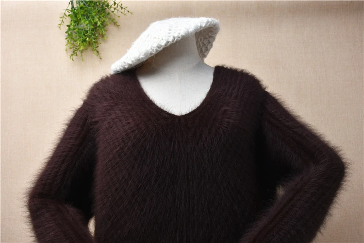 female women autumn winter thick warm striped short style hairy mink cashmere knitted long sleeves crop top pullover sweater