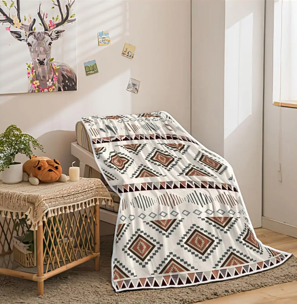 Boho Aztec Ethnic Rhombus Triangle Line Geometric Print Warm Blanket For Bedroom Sofa Camping Home Leisure Household Use