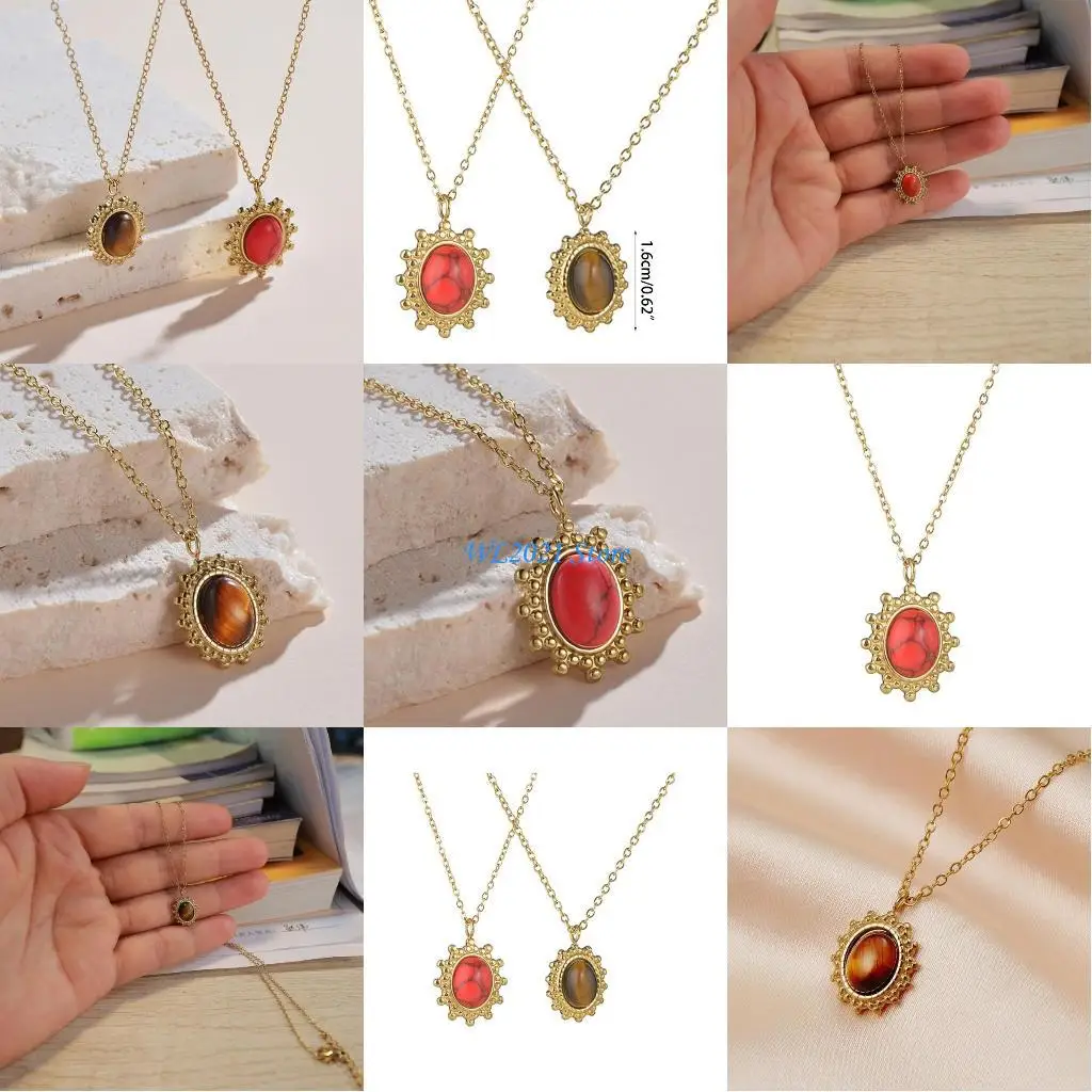 

G5GC Oval Pendant Crystal Necklace Vintage Pine Stone Pendant Necklace Fashion Statement Jewelry for Women Girls