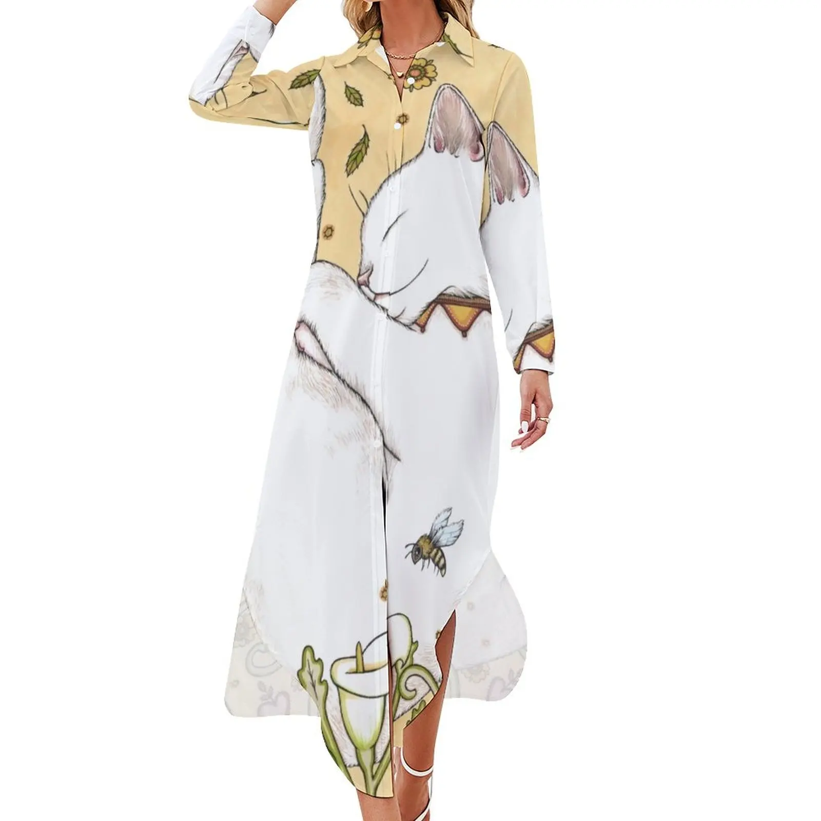 

Butterflies and Bees Long Sleeved Shirt Dress Women long dress beach dress