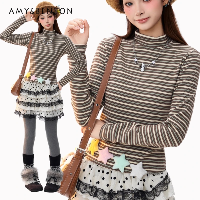 

Autumn Winter Commuter Versatile Slimming Women's Bottoming Shirt American Retro Striped Stand Collar Long Sleeve T-Shirt Ladies