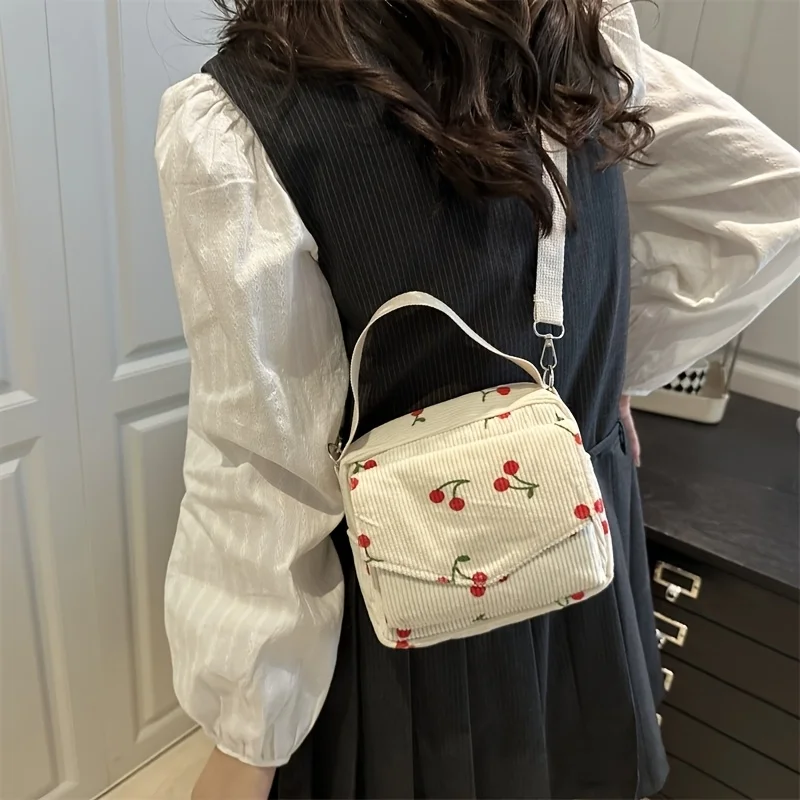 Cute Cherry Print Crossbody Bag, Versatile Corduroy Small Square Bag for Outings, Portable Handbag, Shoulder Bag, Christmas Holiday Gift for Wife or Girlfriend, Storage Bag image 2