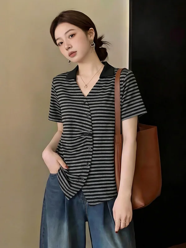 

Gray Striped V-Neck Short Sleeve T-Shirt Women's Lazy Style Summer New plus Size Irregular Shoulder Korean Version Loose Fit