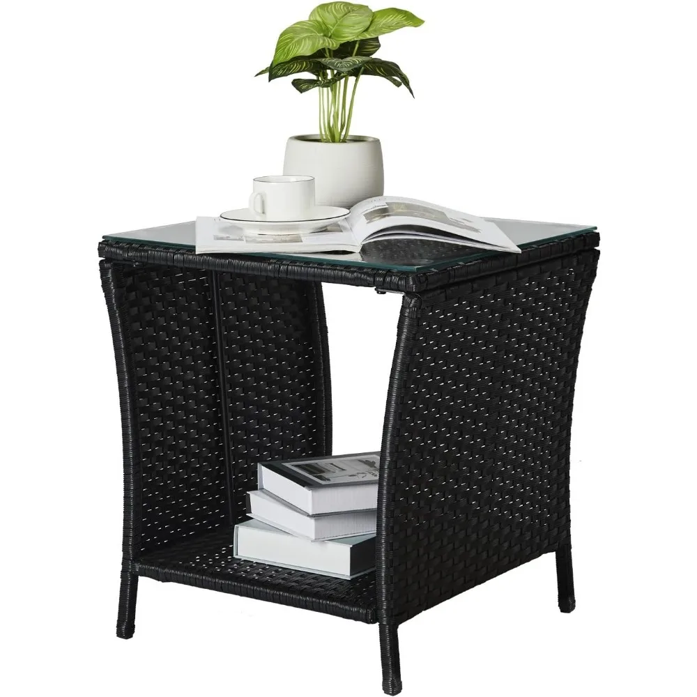 Outdoor Side Table Rattan Coffee Table with Glass Top Storage for Patio Porch Backyard Balcony