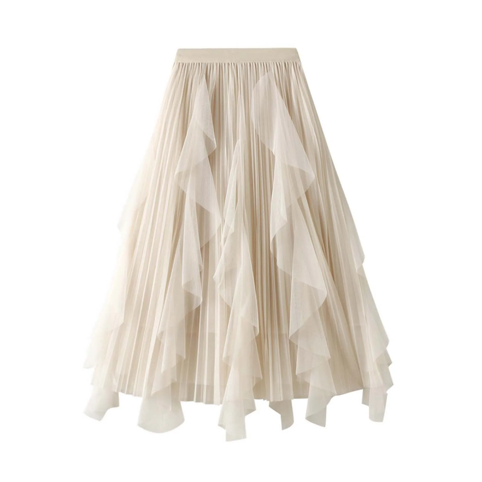 

Women's Fashion High-Waisted Bustier Skirt Ruffled Splicing Mesh Half-Body Skirt Women's Medium-Length Large Swing Pleated Skirt