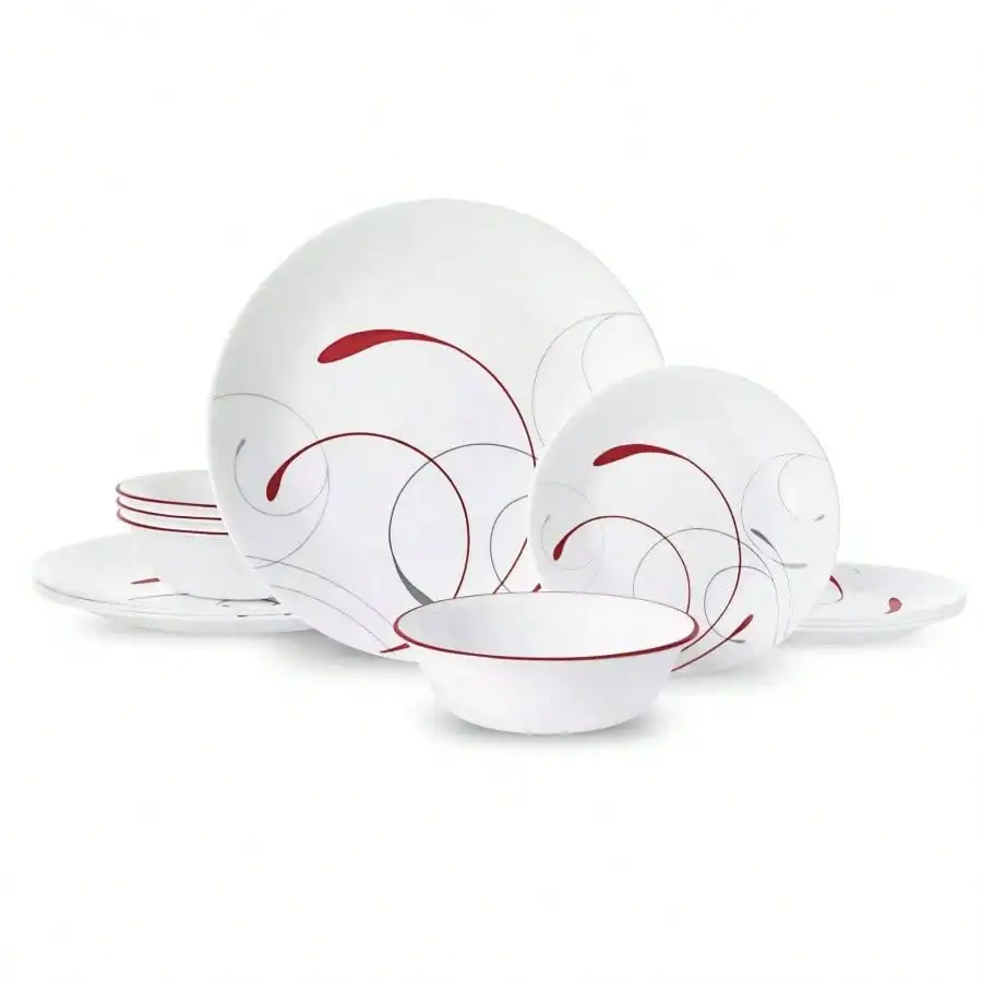 

Splendor White and Red Round 12 - Piece Dinnerware Set for Home Dining Elegant Porcelain Tableware Set with Classic Design