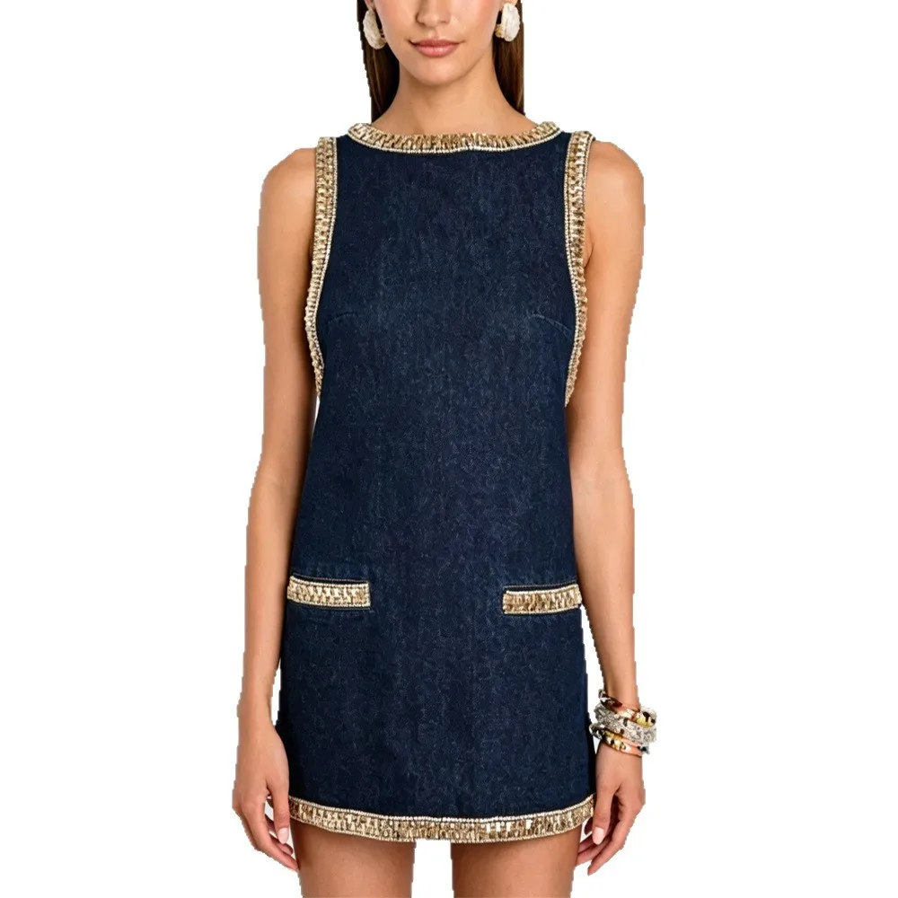 Women's Denim Dress Rhinestone Sleeveless Vest Backless Jumpsuit Playsuit Spring Summer Fashion Matching Set Evening Dress