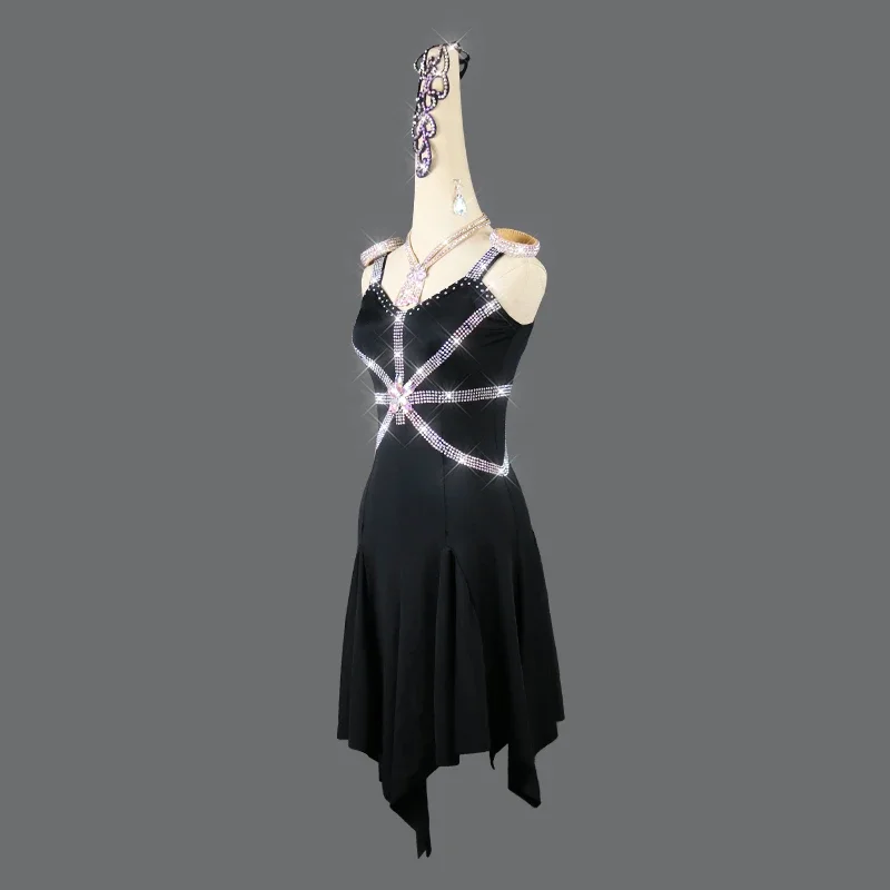 Robe de concours de danse latine à franges pour femmes, robe irrégulière noire, samba, salsa, olympiques de danse de salon, spectacle de fête, nouveau