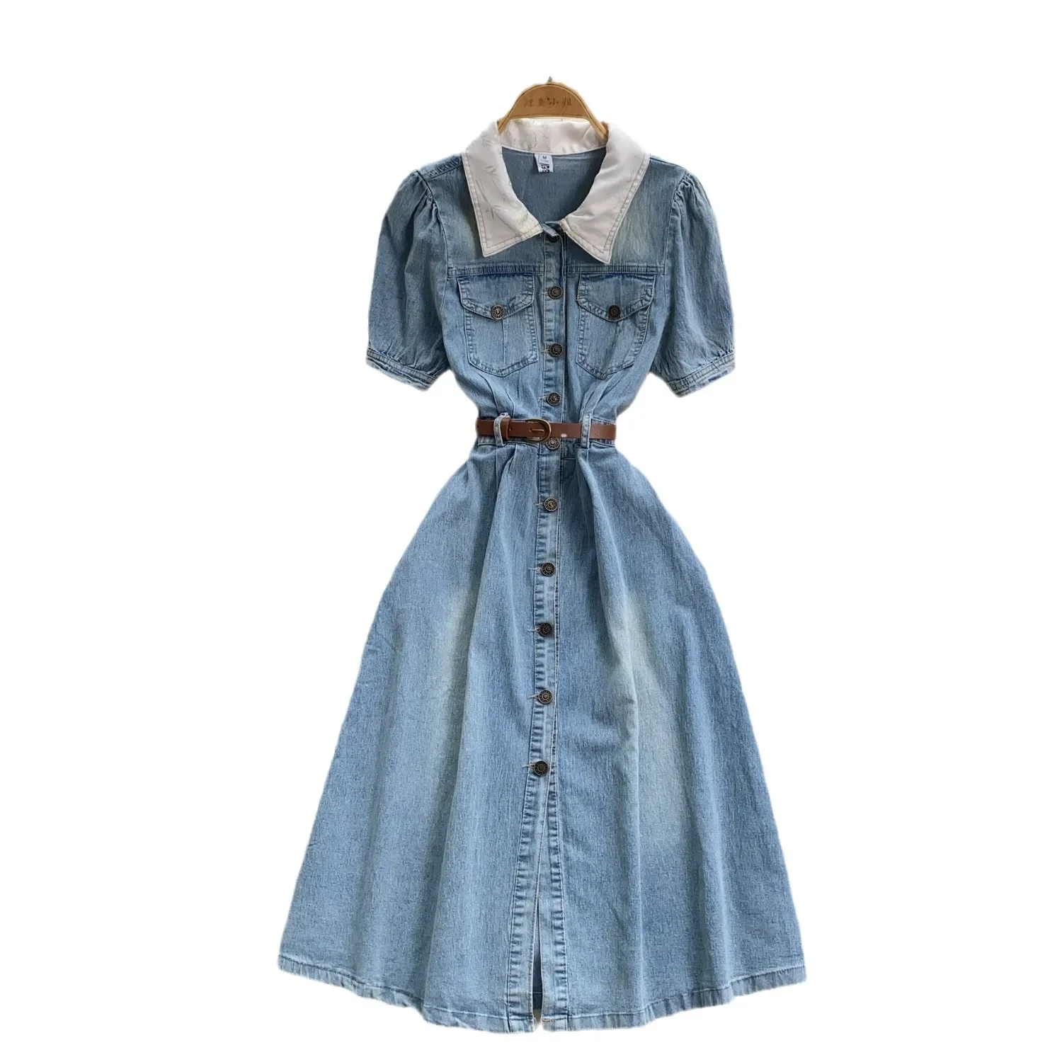 

French Retro Short-sleeved Denim Dress. Female Summer New Senior Sense Belt Gathers Waist Lapel Single-breasted Long Dresses
