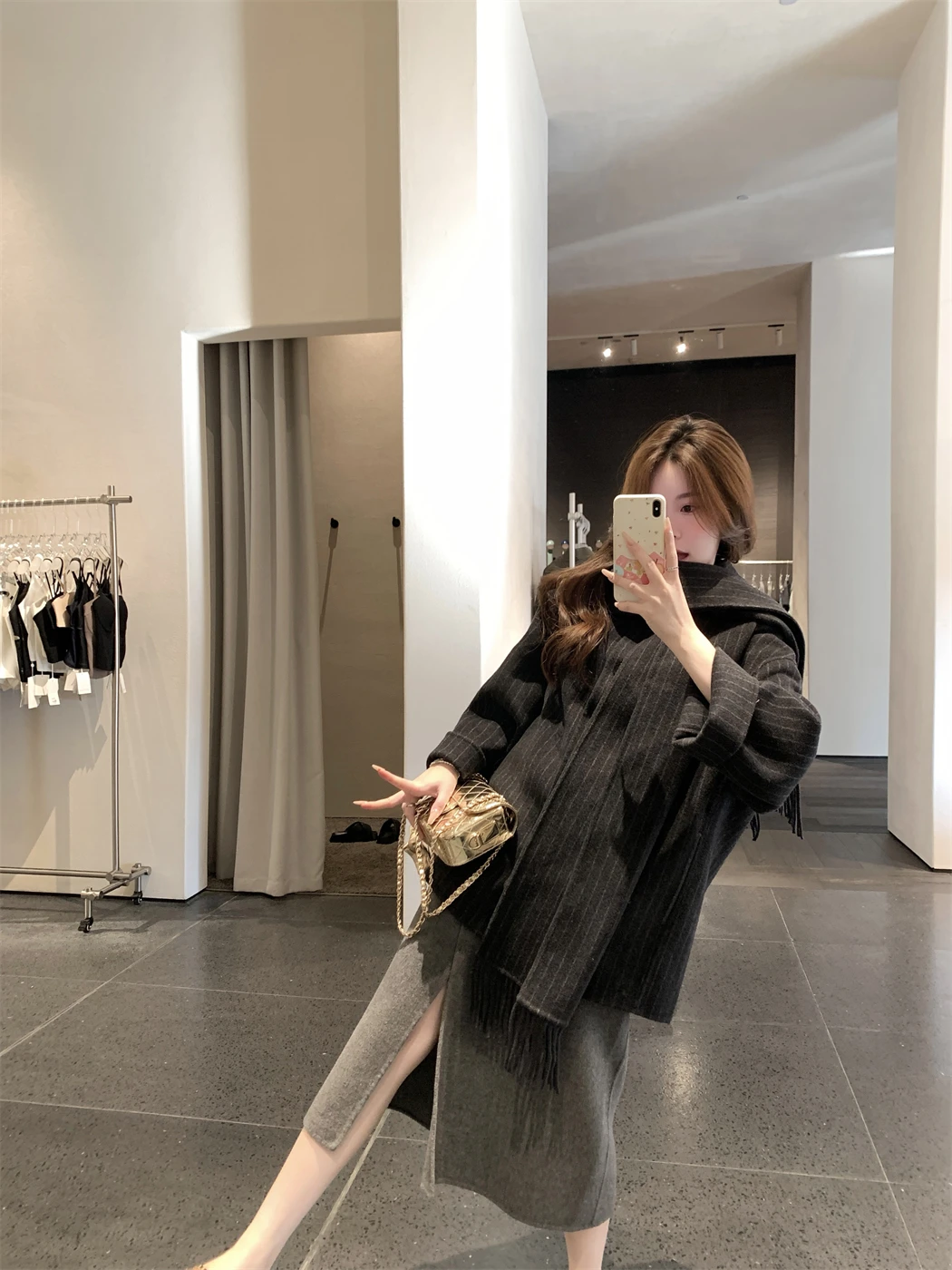 

Двустороннее шерстяное пальто Boomlimit с шарфом-кисточками, новый дизайн, полосатый узор, верхняя одежда, стильное, длинное, 100% шерсть