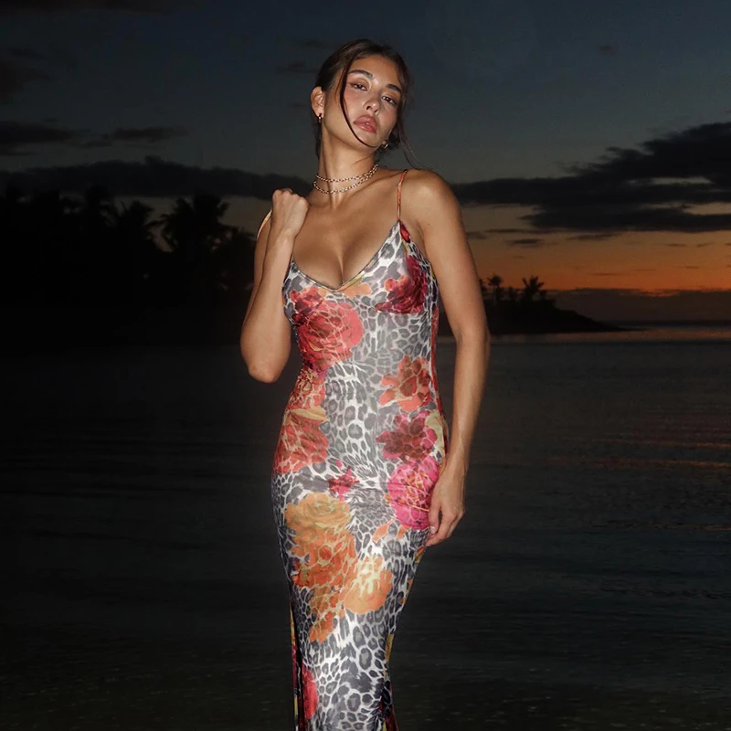 Summer 2024 New Slim Fit Spicy Girl Long Dress European And American Style Sexy Leopard Pattern Suspended Dress JY24170PFO