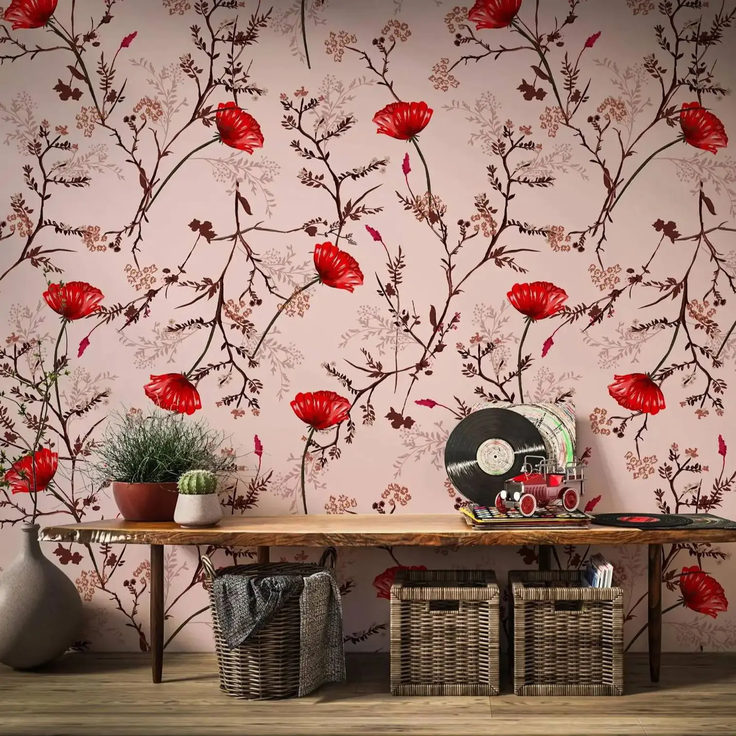 Blush Pink Floral Peel and Stick Wallpaper,Red Poppies and Delicate Branches Wall Mural Home Decor,Self-adhesive Or Traditional