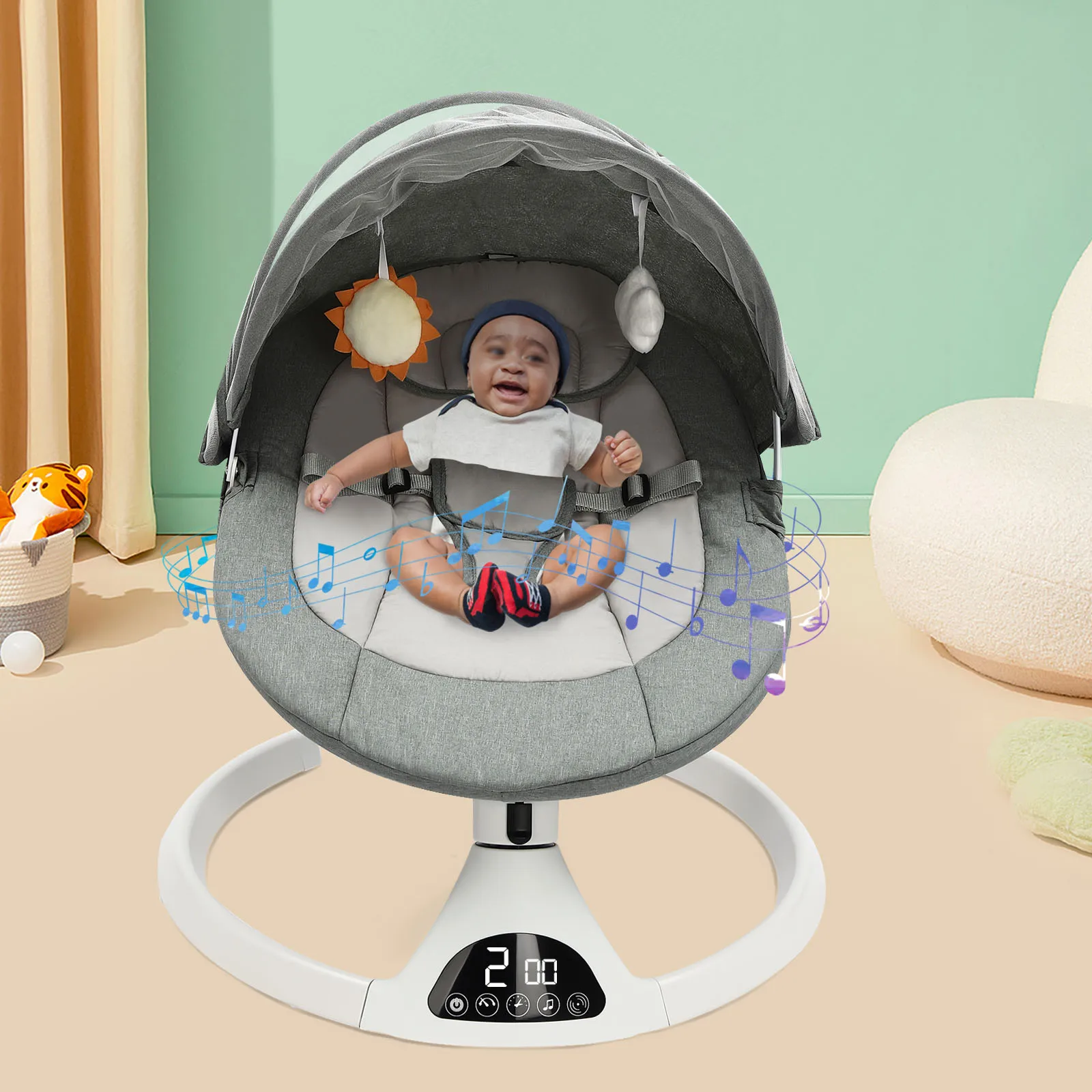 Balancín eléctrico inteligente para bebés con canciones de cuna Bluetooth, altavoz con detección automática, arnés de 3 puntos oscilante de 5 niveles para recién nacidos de 0 a 12 meses