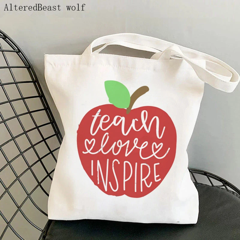 Teacher supplies Shopper bag Teach Love Inspire apple Bag Harajuku Canvas Shopper Bag girl handbag Shoulder Lady gift Bag