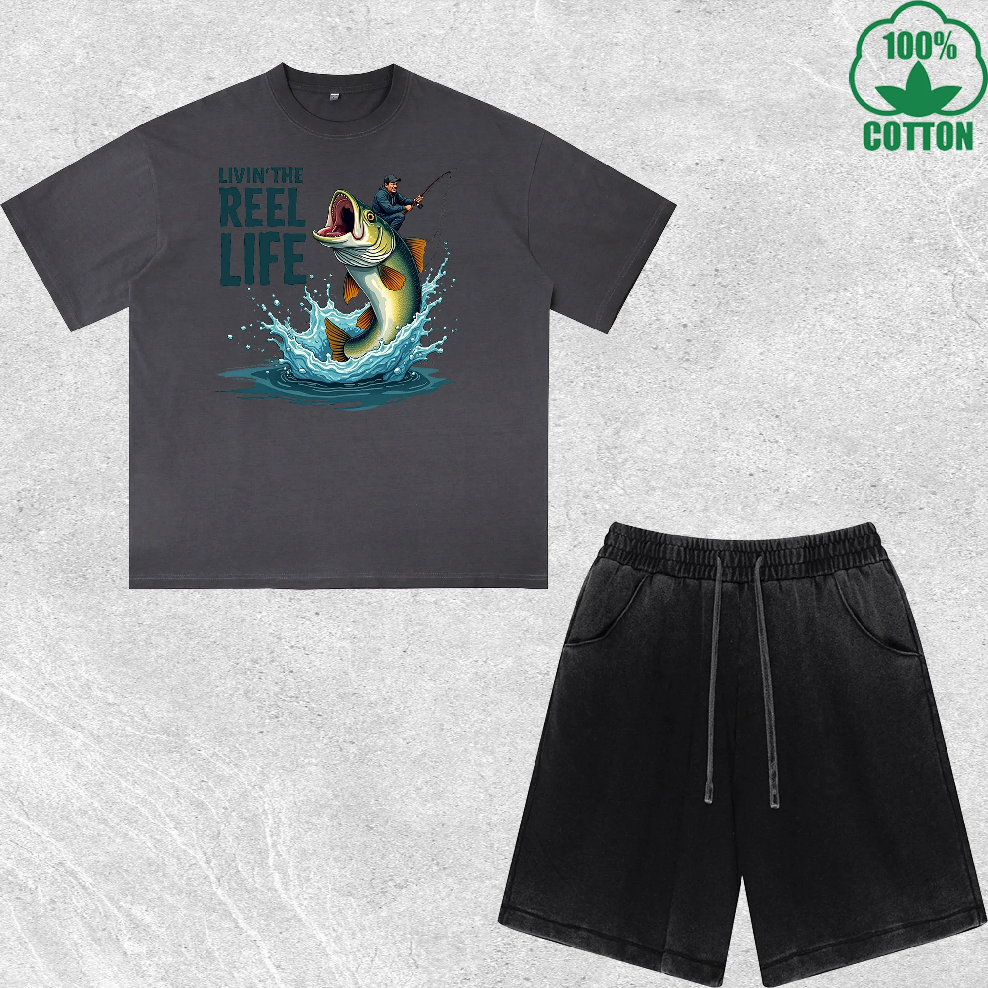 

Reel Life Printed Dirty Wash T-Shirt Shorts Set Multicolor Combo Loose Trendy Fashionable 100%Cotton