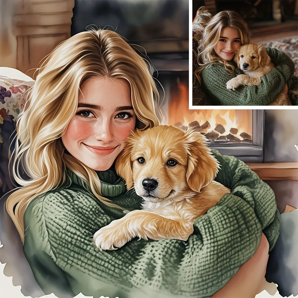 Custom Photo Canvas Print - Hand-Painted Effect Decorative Art with Pine Canvas, Personalized Family Portrait Or Pet  Gife