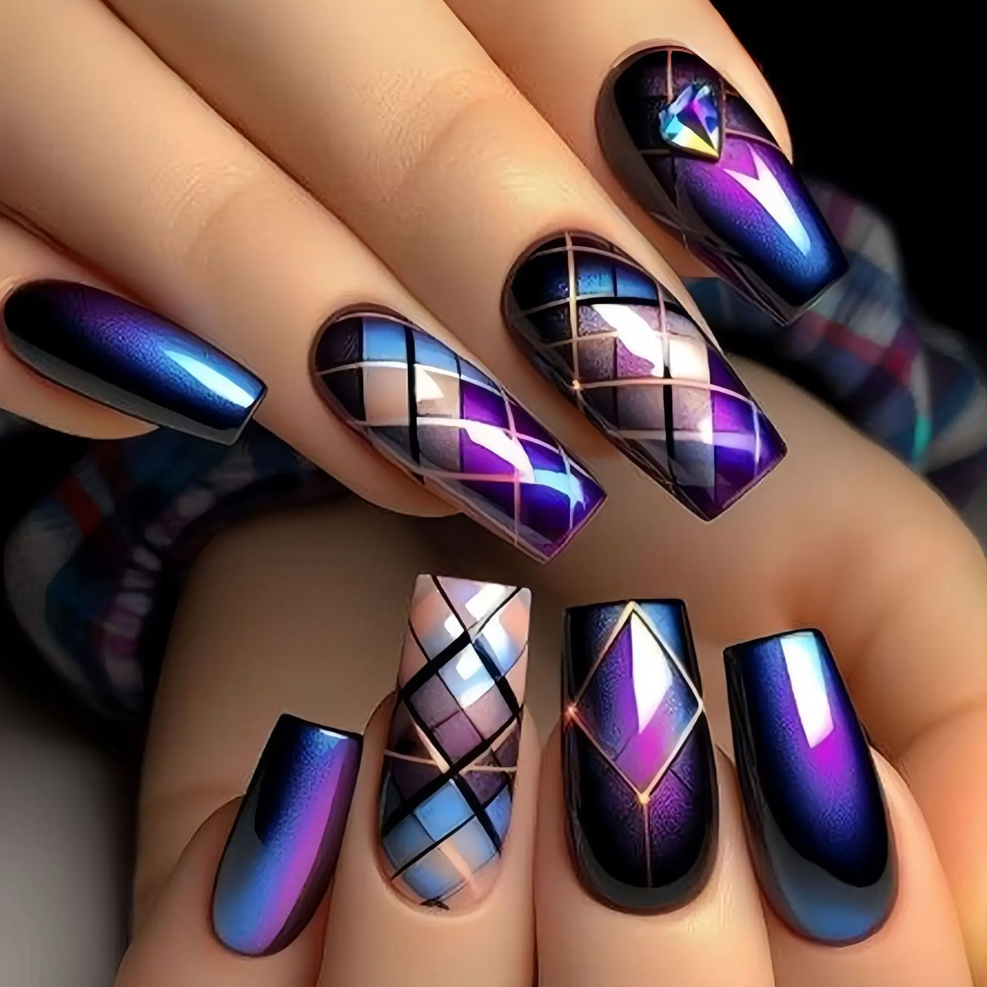 Mittellange künstliche Nägel für Frauen und Mädchen, geometrische Streifen, Farbblock, Y2K, Lila, Blau, Schwarz, Beige, Tipps zum Aufdrücken des falschen Nagelkunst-Sets