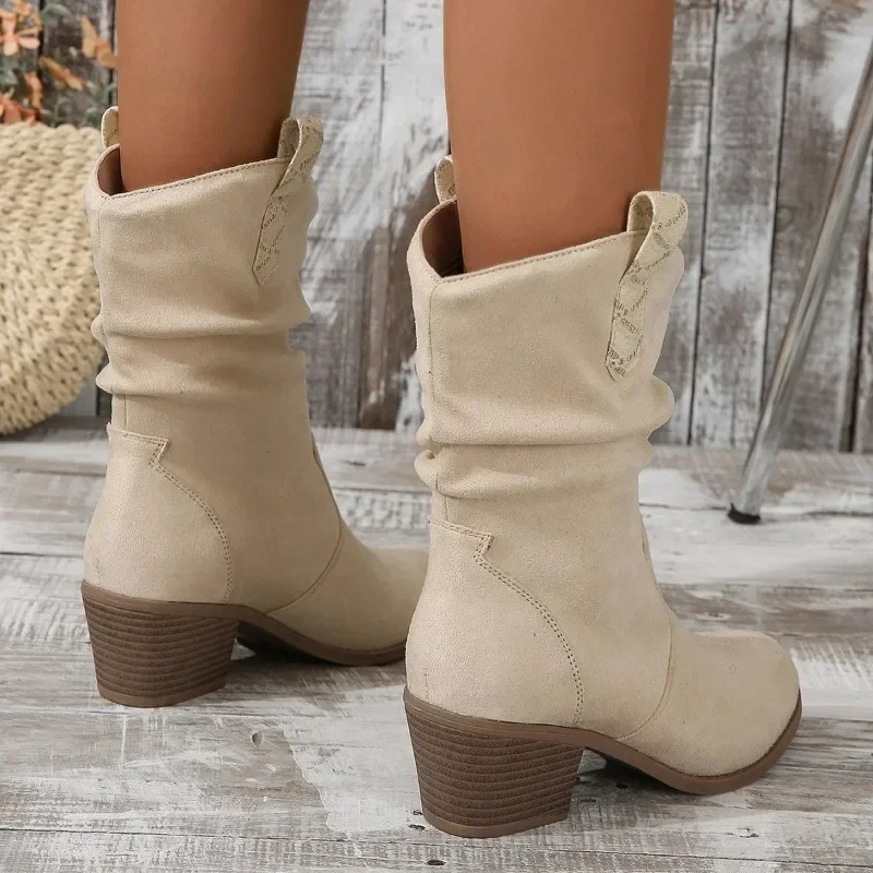 Bottes en cuir à tête ronde pour femmes, couvre-visage blanc, bottes à manches larges et moyennes, mode automne, nouveau