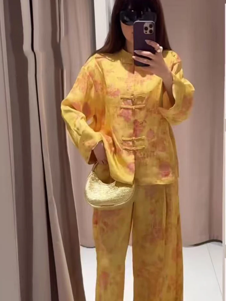 2026 Women Vintage Wide Leg Pant Set Chinese Style Stand Collar Frog Button Long Sleeve Shirt Loose Trousers Print Two Piece Set