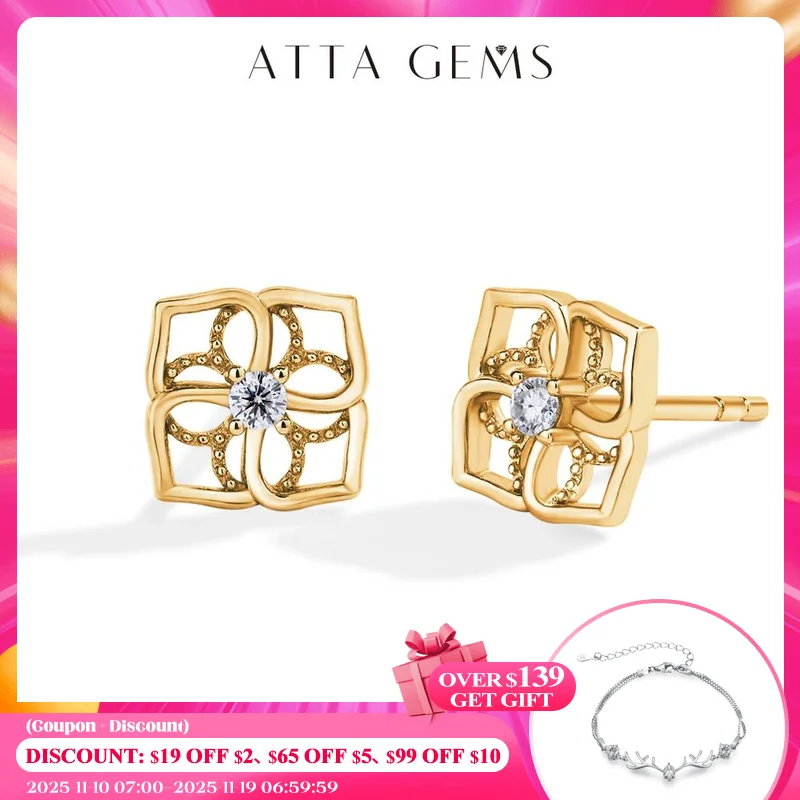 

ATTAGEMS Moissanite Stud Earrings for Women Solid S925 Sterling Silver Hollow Flower Engagement Wedding Fine Jewelry Daily Gift