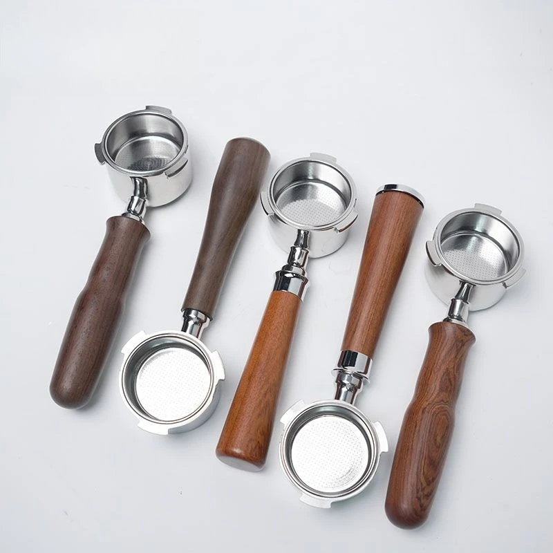 Wholesale Platinum Rich 870/880 Stainless Steel Bottom less Double Mouth Coffee Machine Wooden Handle Accessories