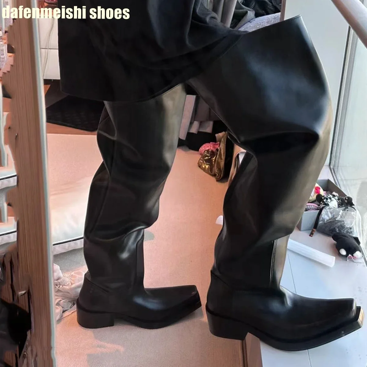 2025 New Fashion Women Over-The-Knee Long Boots Black Leather Platform Thick Heel Square Toe Boots Men/women Loose Knight Boots