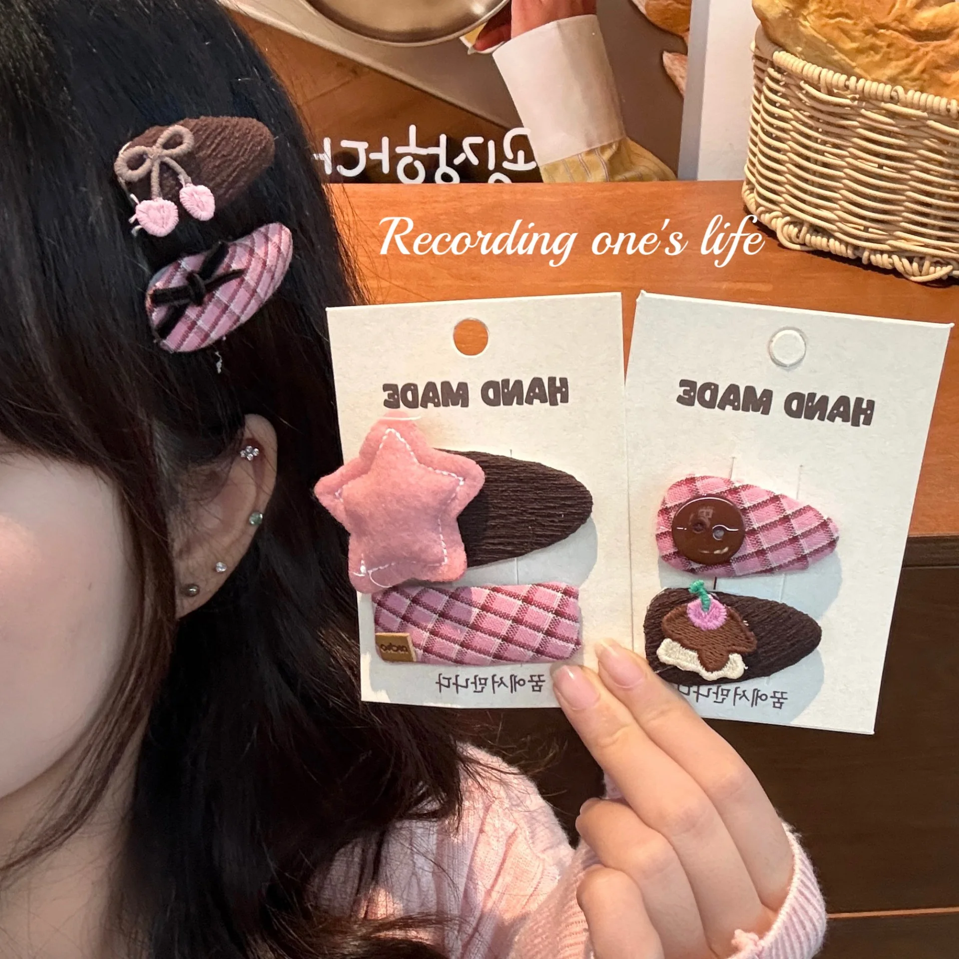 Korean-style Retro Pink And Coffee Colour-blocked Checked Bow Hair Clip Versatile Star-shaped Hair Clip For Girls Headwear