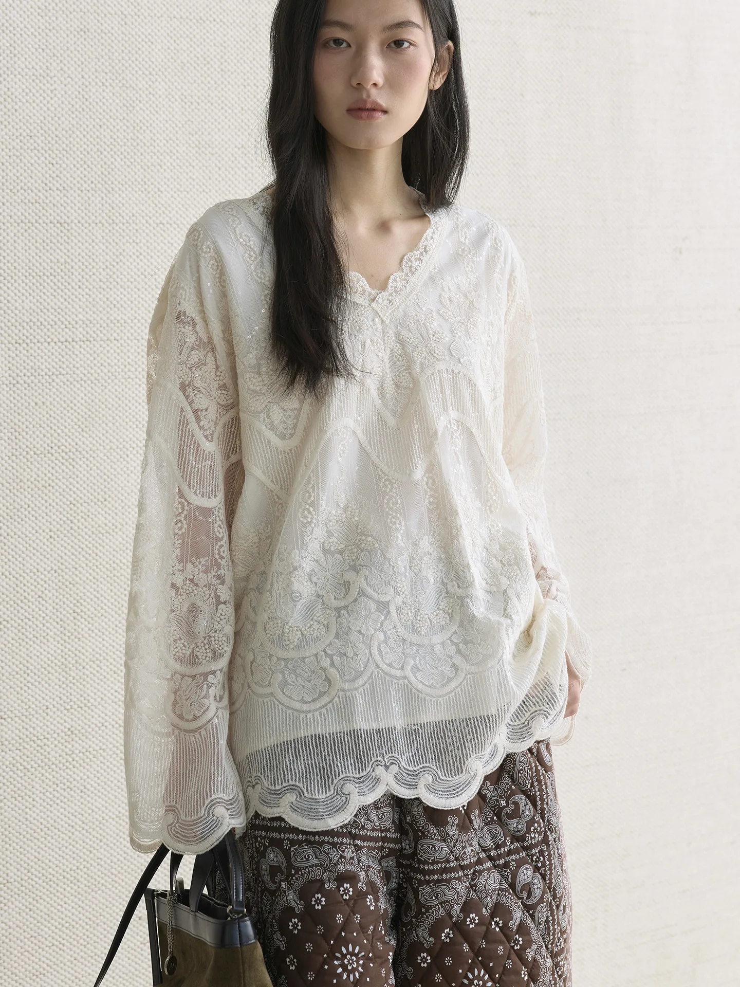 Early spring new style French style lace V-neck double-layer lined translucent shirt embroidered top for women