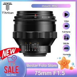 TTArtisan Full Frame 75mm F1.5 Large Aperture Manual Focus Camera Lens for Swirly Bokeh Portrait Photography with M42-mount