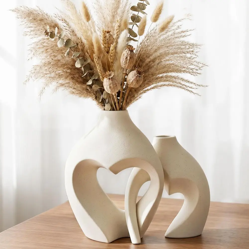 White Ceic lower Vase Home Table Decor Heart Shaped Vase Set of 2 | Boho Heart Shaped Minimalist Decorative Vases for Coffee Tab