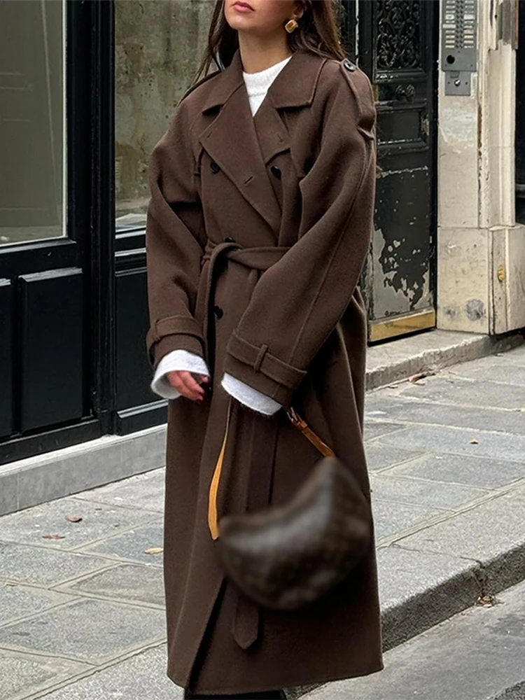 Vestes à double boutonnage élégantes pour femmes, ceinture combinée longue, mélanges de laine, monochromatique, chic, rue haute, décontracté, automne