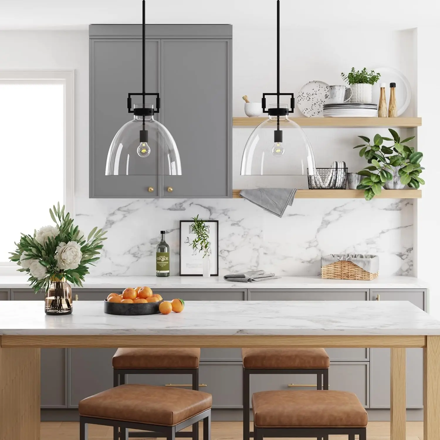 Pendant Lighting, Black Hanging Ceiling Light with Oversized Glass Shade and Adjustable Cord, for Kitchen Island or Entryway