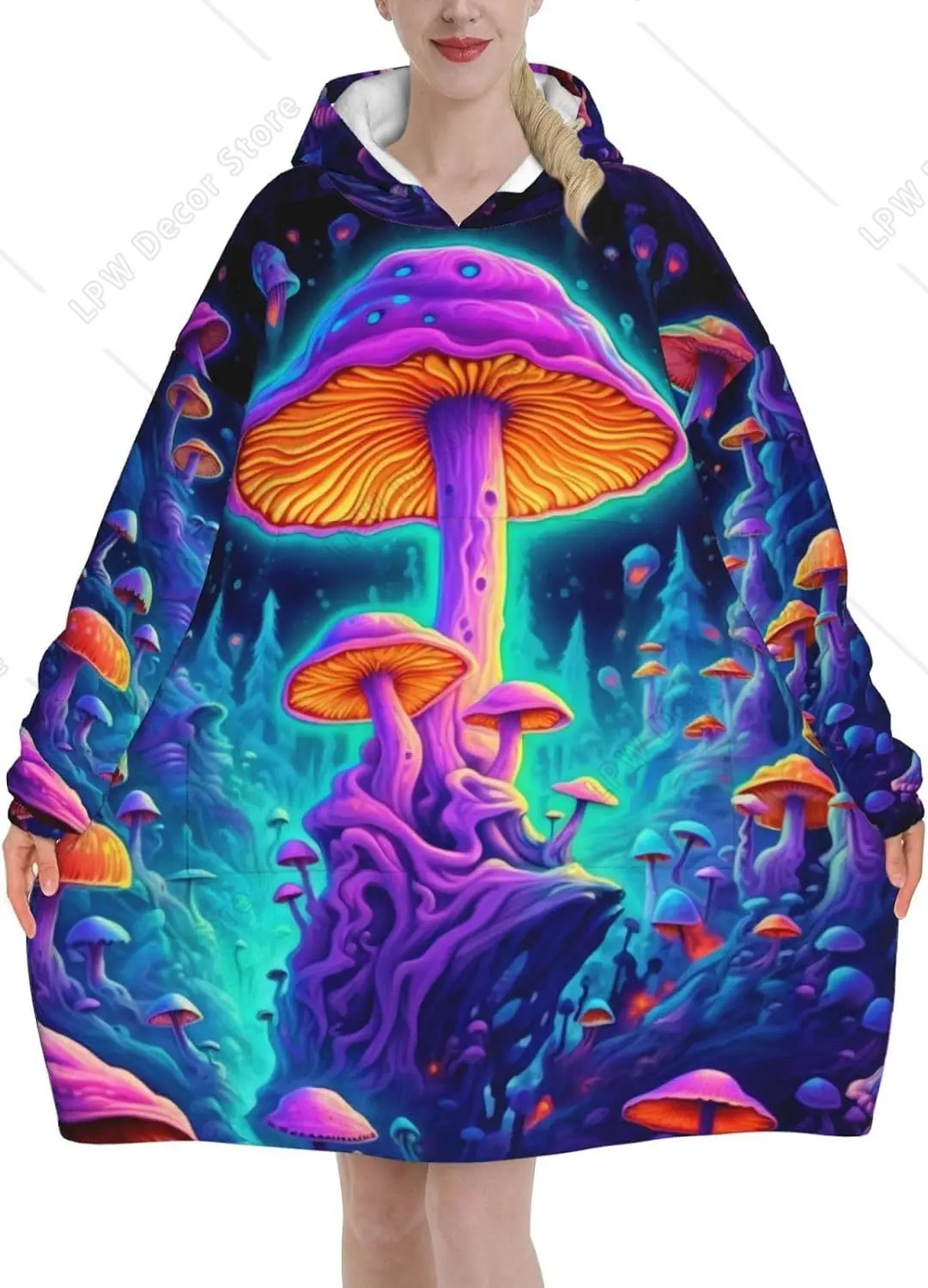 Mushroom Gifts for Women Men Fantastic Mushroom Hooded Blanket Long Sleeve Flannel Blanket Hoodie for Adults