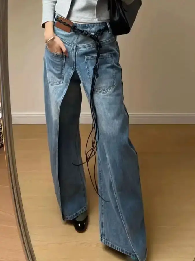 Jeans desconstrução de frente e traseira usar azul feminino retro perna larga baggy denim harajuku cintura alta jeans soltos 2024