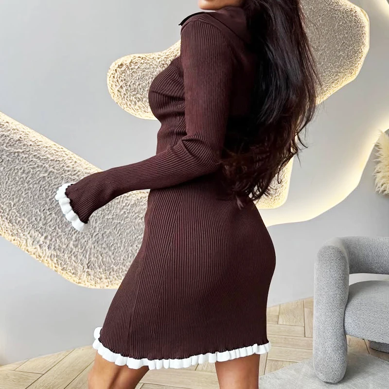 Ticketsx Fashion V-neck Patchwork Slim Knit Dress Autumn Button Ruched High Waist Mini Dress Office Lady Sweater Women Dress