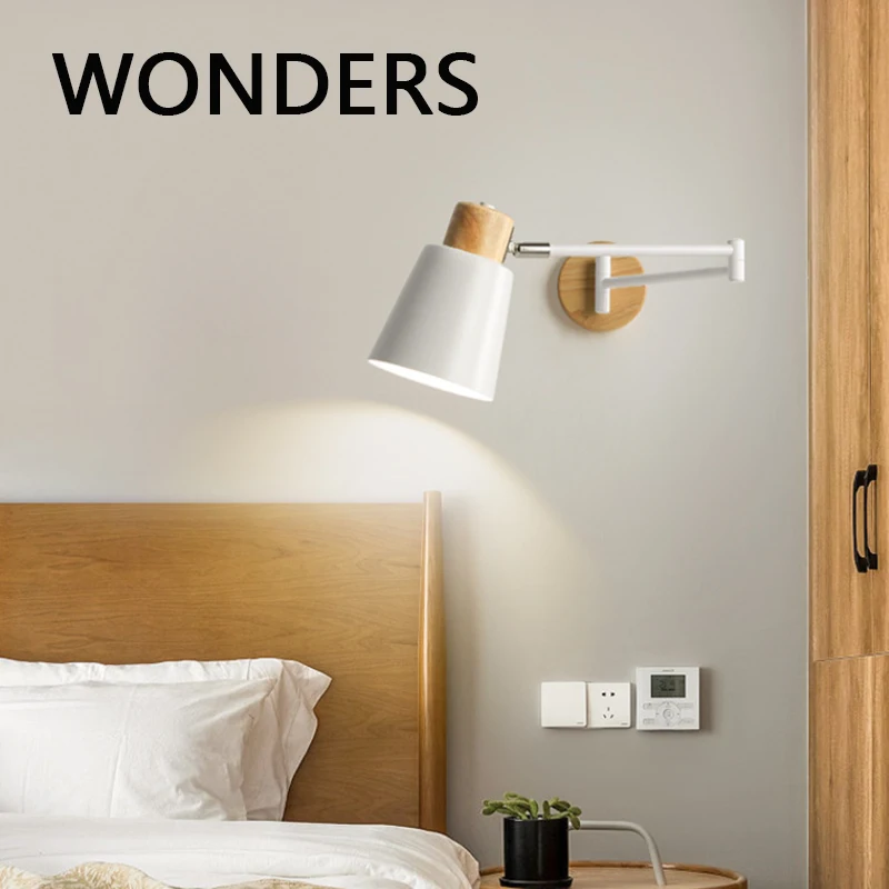 

Nordic Modern Indoor Sconce Light E27 Wood And Iron Material Rotatable Wall Lamps Bedroom Decor Bedside Reading Foldable Lustres