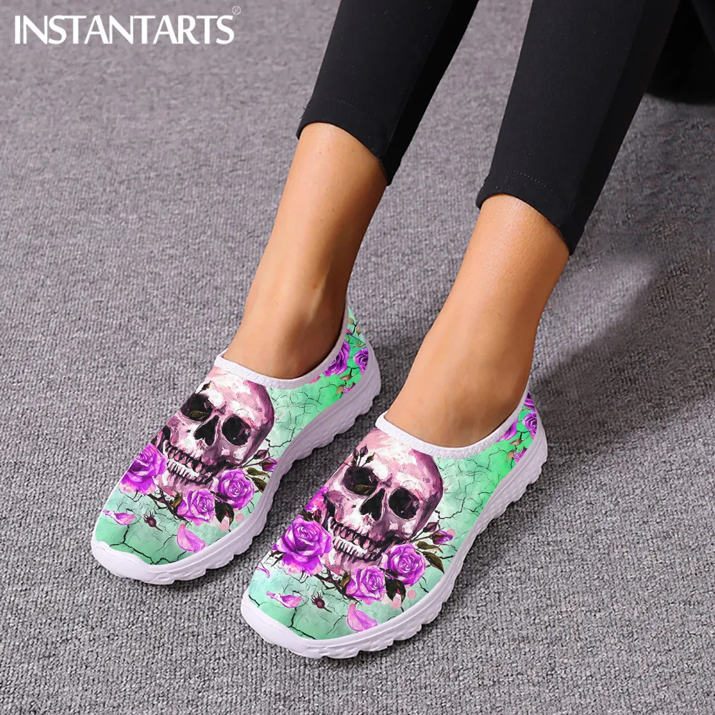 INSTANTARTS Gothic Sugar Skull Pink Crack Printed Girls Mesh Sneakers Summer Soft Slip-on Flat Shoes Breathable Beach Loafers 